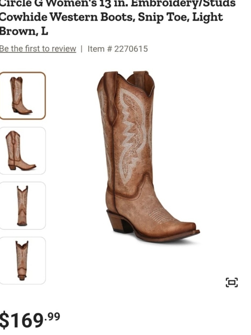 Circle G Women's 13 in. Embroidery/Studs Cowhide Western Boots - Picture 2 of 11